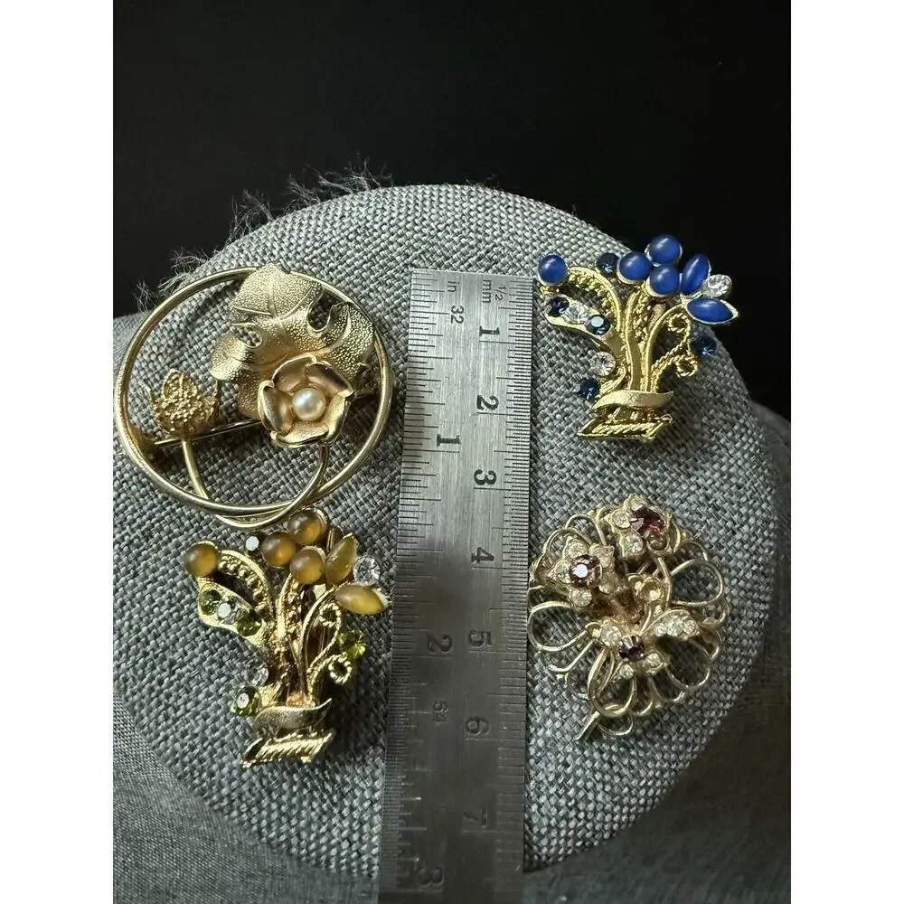 Vintage Brooch Bundle Rhinestone Gold Tone Flowers Scarf Lapel Pin Retro Whimsy
